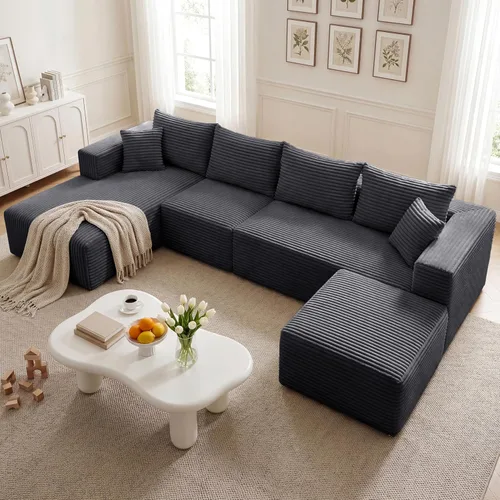 Vista 12 de Sofá modular en forma de L de 118 pulgadas, moderno sofá modular de pana de espuma viscoelástica de 4 plazas con otomana, asiento profundo tapizado