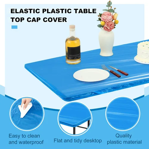 Vista 3 de Boao 12 piezas de manteles de plástico desechables para mesas con borde elástico ajustable, manteles rectangulares impermeables para mesas de Azul