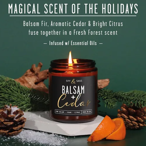 Vista 2 de Vela de bálsamo, velas de Navidad perfumadas – Vela de soja 'bálsamo + cedro', con abeto bálsamo, cedro y cítricos - Infundida con aceites