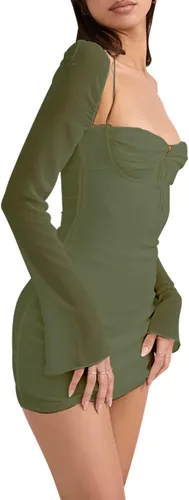 Vista 4 de hibshaby - Vestido sexi ajustado para mujer, mangas abullonadas, para cóctel, fiesta de noche, vestidos cortos elegantes