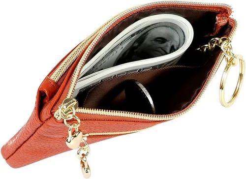 Vista 4 de Monedero de cuero genuino para mujer, con cremallera, tamaño de bolsillo, Marrón