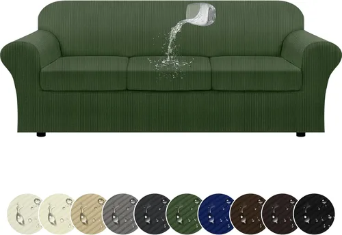 Vista 41 de Funda impermeable para silla con brazos, juego de 2 piezas, funda a rayas para 1 sofá separado con cojín en T, fundas de sillón de tela