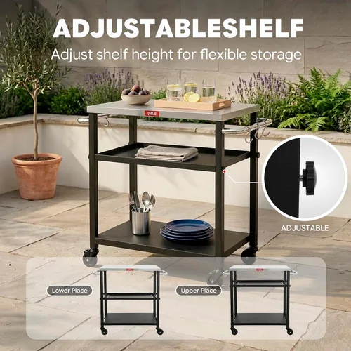 Vista 6 de Feasto Mesa de parrilla de 3 estantes, soporte para horno de pizza con estante, carrito de parrilla para horno de pizza móvil, parrilla