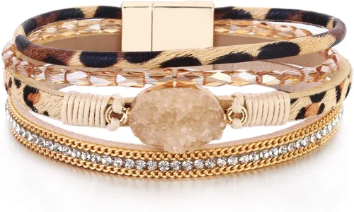 Vista 270 de FANCY SHINY - Pulsera de cuero estilo bohemio, pulsera de cuentas de cristal con cierre magnético, regalos de joyería para mujer