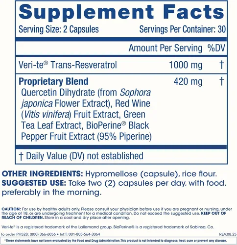 Vista 6 de ProHealth Resveratrol 1000mg Trans-Resveratrol puro Plus Quercetina, vino tinto y extracto de té verde Clínicamente estudiado para apoyar