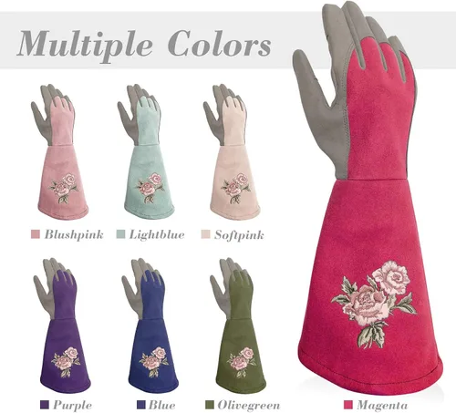Vista 5 de Rose Pruning Gloves with Forearm Protection, Thorn Resistant Embroidery Design with Extra Long Cuff for Gardening and Pruning Tasks Rosa rojo