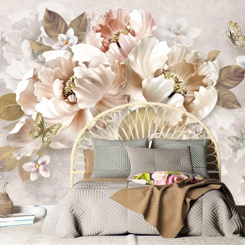 Vista 2 de Bormia Papel pintado floral 3D Peony Butterfly Mural de pared para sala de estar dormitorio (no despegar ni pegar)