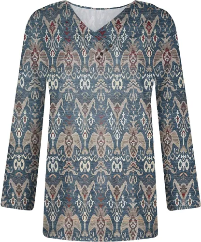Vista 2 de Camisas de gran tamaño para mujer, con botones, cuello en V, estampado gráfico, blusa básica de manga larga