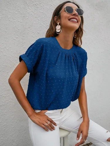 Vista 3 de Romwe Blusa casual de trabajo con cuello redondo y manga corta plisada para mujer