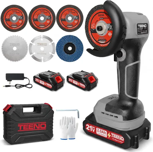 Vista 10 de TEENO Kit de amoladora angular inalámbrica, mini herramienta de molienda angular eléctrica de 19,500 RPM con 2 baterías de 2000 mAh y 6 discos