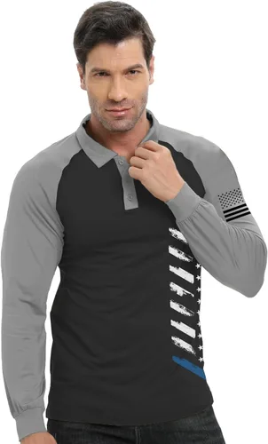 Vista 3 de H HYFOL Polo de manga larga para hombre, diseño gráfico elástico, casual, patriótico, raglán, golf, polos para hombres