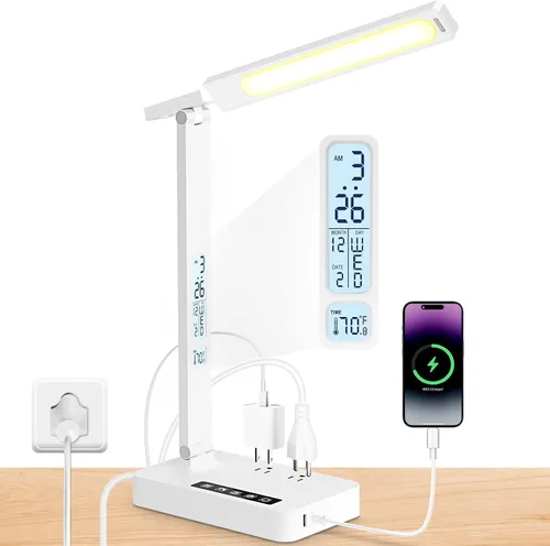 Vista 11 de Infiway Lámparas LED de escritorio para oficina en casa: lámpara de escritorio con puerto de carga USB - 1 USB-A, 1 puerto tipo C, 2 tomas de Blanco