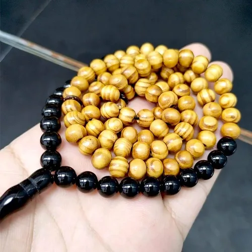 Vista 3 de ALBASHAN Tasbih - Cuentas de madera de haya natural con ónix 99/100 cuentas de oración musulmana misbaha, regalo de Ramadán Eid