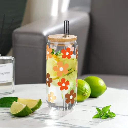 Vista 2 de Joeyan Vasos de vidrio de margaritas de 20 onzas con tapas y popotes de bambú, vasos bohemios para beber cerveza, lindo vaso de café helado