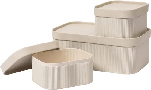 Vista 8 de Cajas de almacenamiento decorativas beige con tapas, cestas de almacenamiento con tapas similares al cuero, cajas de papel apilables resistentes