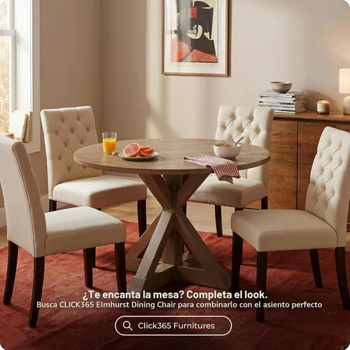 Vista 7 de Mesa de comedor redonda Serta Alfred de madera maciza rústica para decoración de cocina estilo granja, base de pedestal en forma de trébede de beige