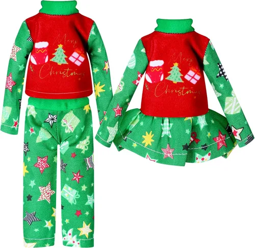 Vista 9 de Hungdao 4 piezas de ropa de muñeca de Navidad, accesorios de Navidad, ropa de muñeca, vestido a cuadros rojo y verde, trajes de vacaciones