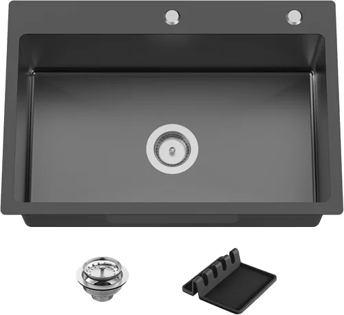 Vista 26 de Fregadero Negro de Cocina y Bar, Fregadero de Cocina de Acero Inoxidable de 15 x 17 Pulgadas para Empotrar, Fregadero de Bar Moderno de Un Solo