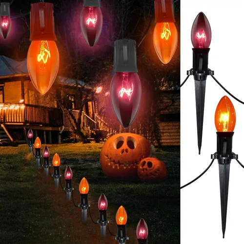 Vista 7 de Luces de camino de Halloween al aire libre, 19.5 pies de C9, luces de poste de Halloween con 10 bombillas C9 naranjas transparentes y negras, luces