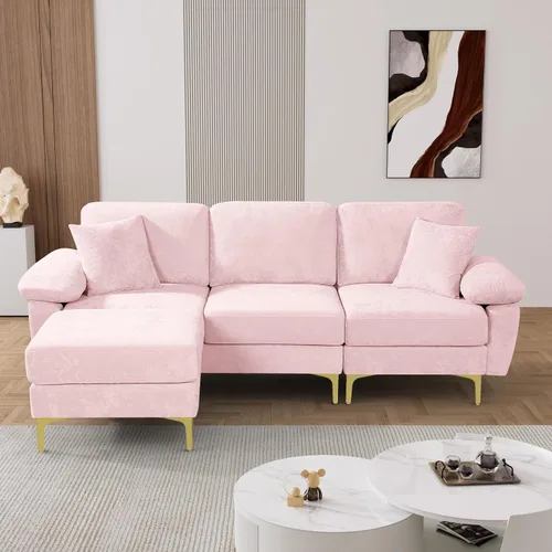 Vista 13 de OUYESSIR Sofá modular en forma de L, sofá de terciopelo de 3 plazas con otomana y almohadas, cómodo sofá cama tapizado para sala de estar, Verde