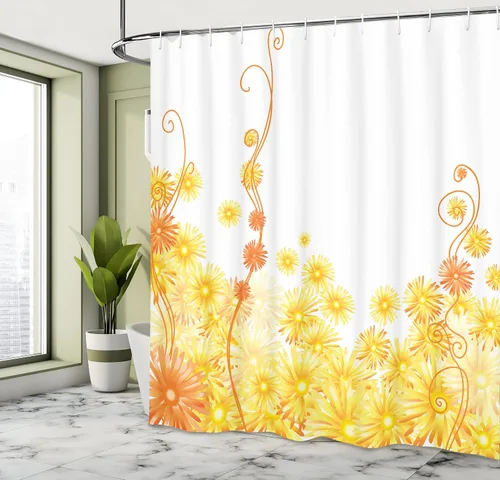 Vista 4 de Ambesonne Decor Collection, juego de cortina con ganchos para regadera Amarillo y marrón