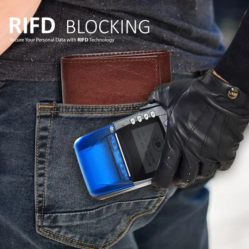 Vista 24 de Cartera de cuero RFID hecha a mano para hombres, elegante cartera de bolsillo frontal triple con 2 ranuras para identificación y 9 tarjetas, Azul