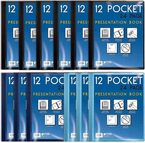 Vista 9 de Better Office Products Libro de presentación encuadernado con 12 bolsillos, colores surtidos, cubierta frontal transparente, 24 páginas protectoras