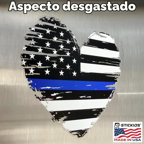 Vista 9 de Stickios Pegatina de la bandera estadounidense hecha jirones con forma de corazón de línea azul, fabricada en Estados Unidos