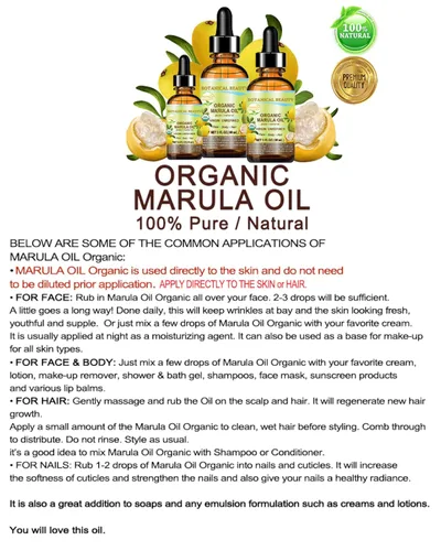Vista 6 de Botanical Beauty Aceite orgánico de MARULA para crecimiento salvaje, 100% virgen natural puro, sin refinar, humectante prensado en frío para cara