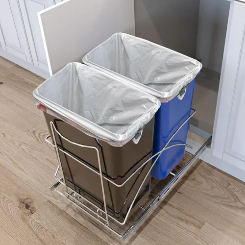 Vista 6 de Home Zone Living Bote de basura de cocina doble extraíble de 15 galones para reciclaje y basura, diseño debajo del fregadero en el gabinete
