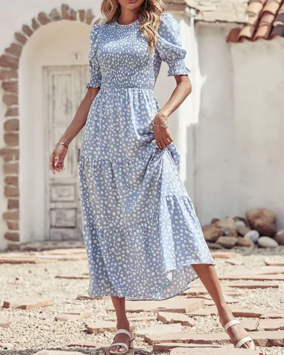 Vista 106 de BTFBM Vestidos para mujer, cuello redondo, casual, de verano, con volantes, manga corta, bohemio, con niveles, fruncido, largo, con estampado floral