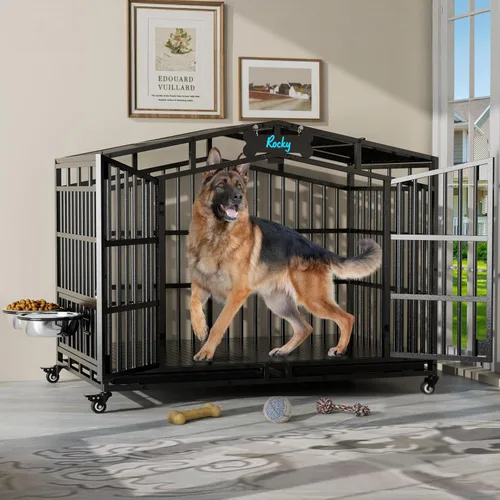 Vista 9 de EasyCom Jaula de perro indestructible de alta resistencia XL XXL de 48 pulgadas, a prueba de escape, con parte superior abierta, ruedas bloqueables
