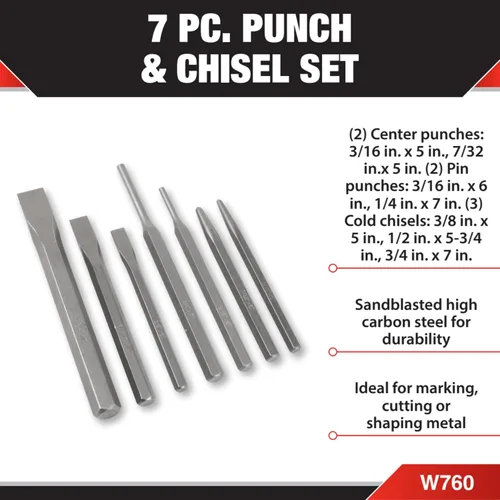 Vista 2 de Performance Tool W760 - Juego de punzón y cincel de 7 piezas, acero de alto carbono, ideal para metalurgia