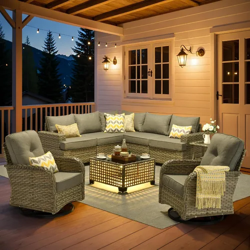 Vista 49 de HOOOWOOO Juego de Muebles Seccionales para Patio al Aire Libre, 6 Piezas Juegos de Conversación de Mimbre Sofá en Forma de L, Sofá Extra Profundo