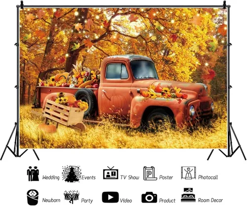 Vista 2 de Telón de fondo de vinilo de 5 x 3 pies con diseño de camión rojo de bosque de otoño, calabaza, girasol, cosecha, fondo de fotografía, hojas de arce