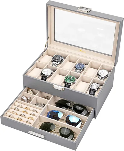 Vista 9 de Voova Joyero organizador de cajas de reloj para hombres y mujeres 2 capas grandes de 12 ranuras de piel sintética estuche de almacenamiento
