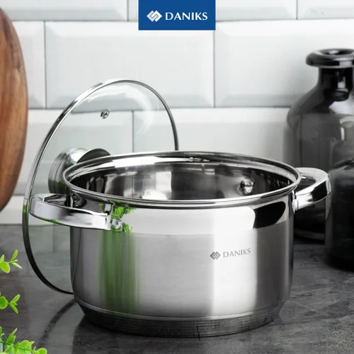Vista 7 de Daniks Olla Estándar de Acero Inoxidable de 2 Cuartos con Tapa de Vidrio, Fondo Tri-Capa para Calentamiento Uniforme, Compatible con Inducción, Apta