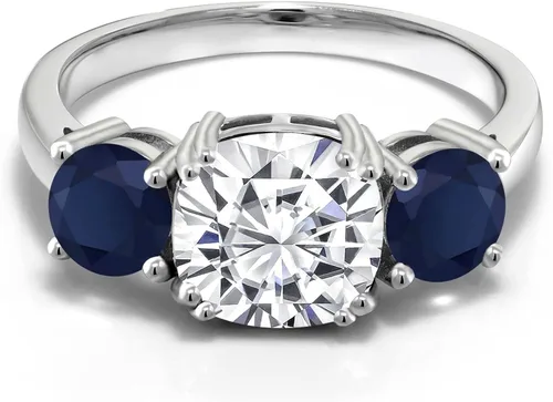 Vista 2 de Gem Stone King Anillo de plata de ley 925 con zafiro azul y blanco de 3 piedras de moissanita para mujer
