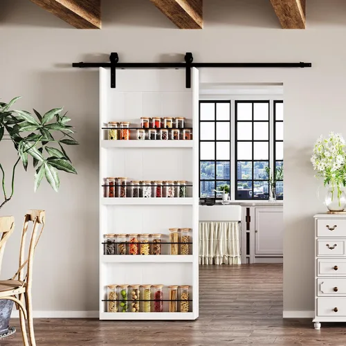 Vista 10 de BARNER HOME Puerta corrediza de granero de 30" x 84", puerta de granero estilo estante con kit de herrajes de 6 pies, hecha de MDF imprimado Negro