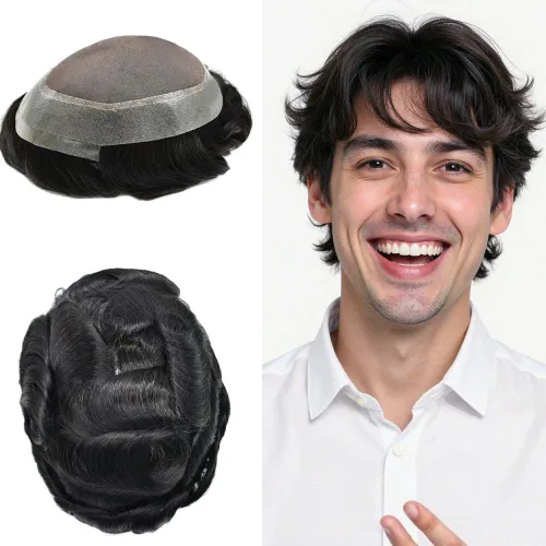 Vista 27 de Toupee para hombres Piezas de pelo fino mono para hombre Toupee sistema de reemplazo de pelo para hombres línea capilar natural para hombre postizo