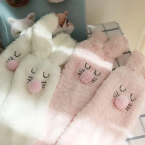 Vista 5 de 2 pares de bonitos calcetines peludos de conejo de dibujos animados para mujeres y niñas, gruesos y acogedores calcetines de felpa suave
