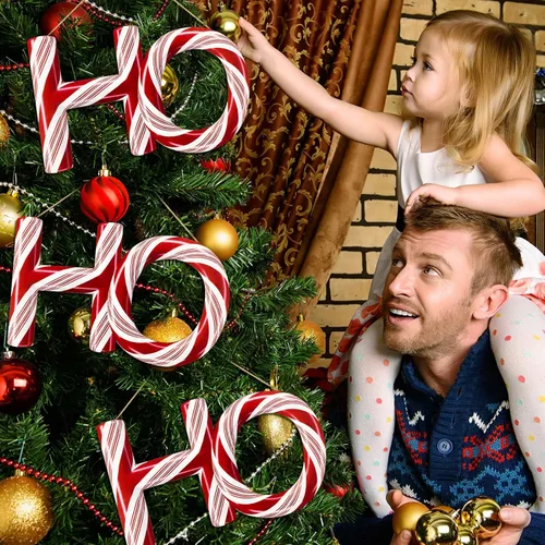 Vista 5 de Ho Ho Ho - 3 adornos para árbol de Navidad de 13.8 pulgadas con costuras de caramelo de menta roja y verde, adorno colgante de Navidad, corona