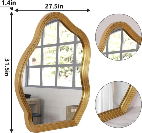 Vista 4 de SHYFOY Espejo de pared dorado antiguo, espejo decorativo asimétrico para decoración de pared, espejos ornamentados grandes irregulares para sala