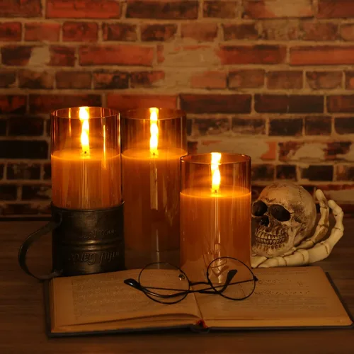 Vista 3 de Juego de 3 velas de cristal dorado sin llama con control remoto y temporizador, velas LED de cera real controladas con llama 3D parpadeante, D 3