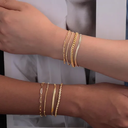 Vista 6 de Picuzzy Pulseras de oro para mujer, de oro real de 14 quilates, apilables, impermeables, juego de joyas para mujer, a la moda, delicadas, bonitas