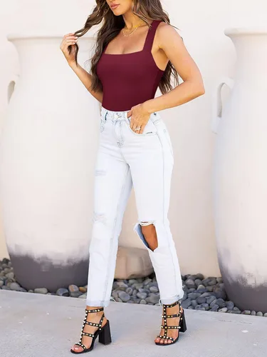 Vista 19 de Reoria - Camiseta sin mangas sexy tipo body con escote cuadrado para mujer, ropa para discoteca