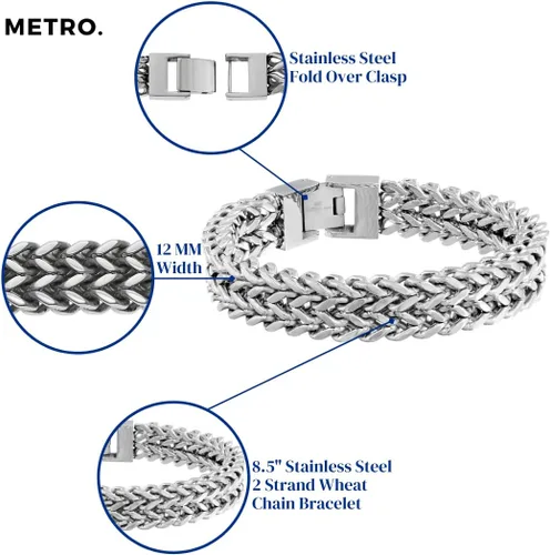 Vista 4 de Metro Jewelry Pulsera de cadena de cola de zorro de doble fila para hombre en acero inoxidable con chapado iónico antiguo o negro, 8.25 pulgadas