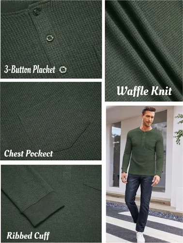 Vista 4 de COOFANDY Camisas Henley de manga larga para hombre con bolsillo
