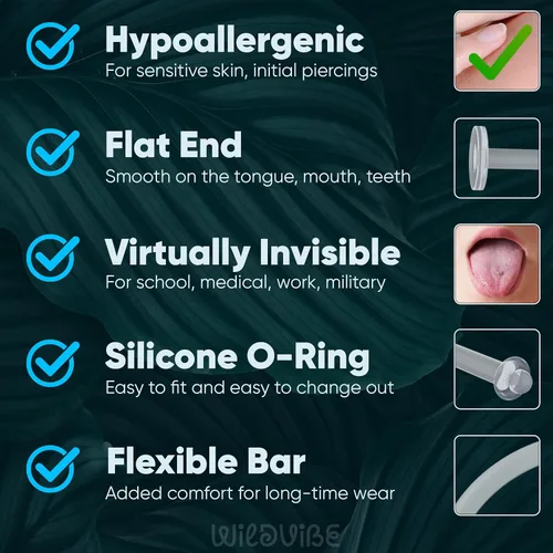 Vista 6 de Flat Clear Tongue Ring For Work, Surgery - 14g Hypoallergenic Flat Tongue Rings For Women - 16mm (5/8) Flexible Straight Barbell Bioflex Plastic