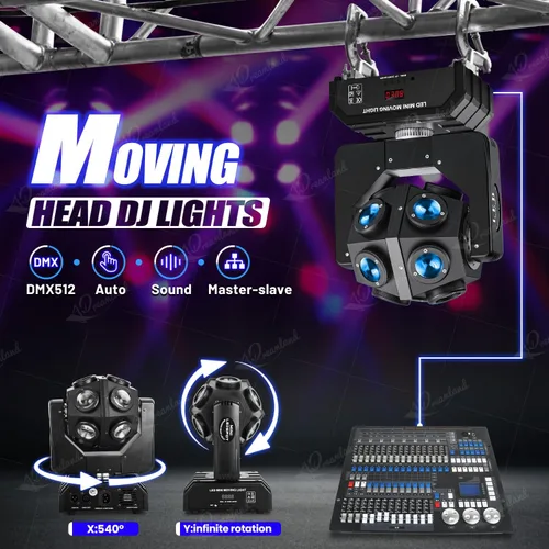 Vista 4 de Dreamland Luces de DJ con cabezal móvil, luces LED de rotación RGBW con control automático de sonido DMX, iluminación estroboscópica de discoteca